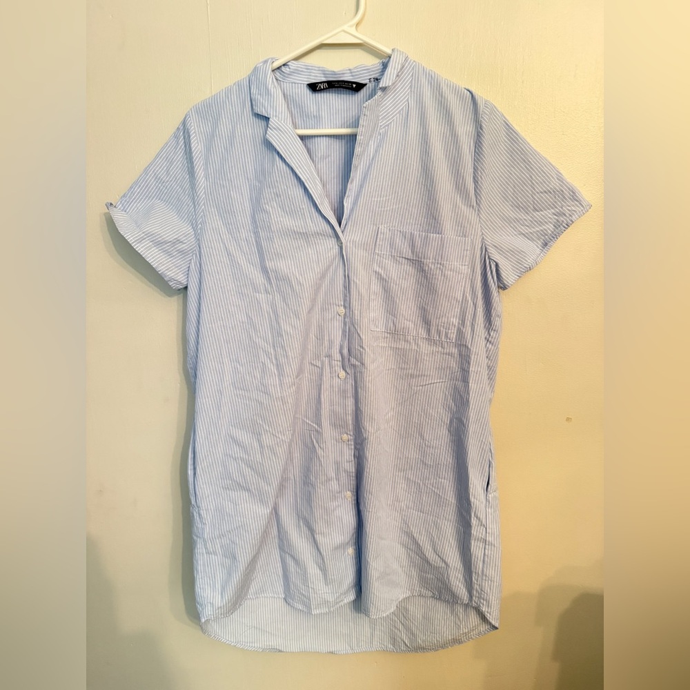 Zara Women's Light Blue Striped Button Down dress